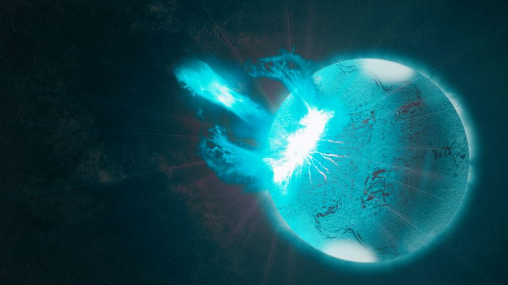 Illustration of a Starquake on a Neutron Star. (Image Credit: NASA's Goddard Space Flight Center/S. Wiessinger; Fermi).