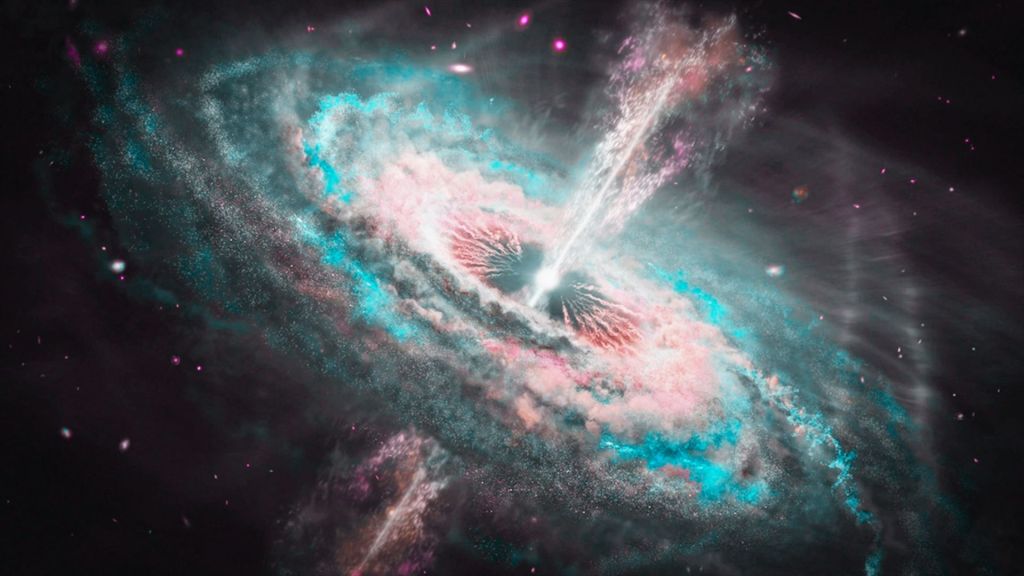 Illustration of a quasar. (Image Credit: NASA, ESA and J Olmsted (STScI)).